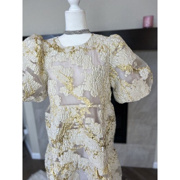Anthropologie THML Gold White Puff Sleeve  Dress NEW Large SHOWER Wedding - Picture 2 of 16